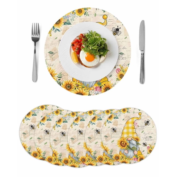 Round Placemats Gnome Sunflower Yellow 15 inch Set of 6 Table Mats for Dining Table Floral Leaves Vintage Heat Resistant Non-Slip Kitchen & Home Decorative Place Mat Set