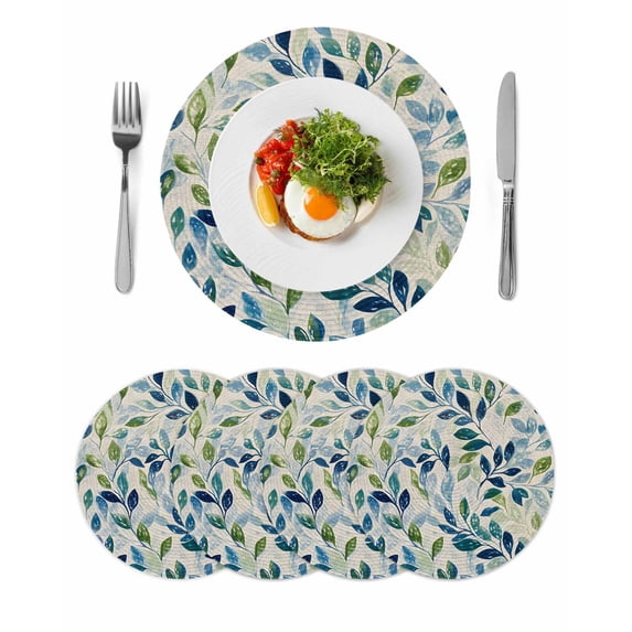 Round Placemats Green Blue Leaf 15 inch Set of 4 Table Mats for Dining Table Spring Leaves Heat Resistant Non-Slip Kitchen & Home Decorative Place Mat Set