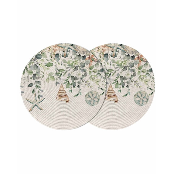Round Placemats Green Eucalyptus Leaves 15 inch Set of 2 Table Mats for Dining Table Shell Starfish Plant Retro Heat Resistant Non-Slip Kitchen & Home Decorative Place Mat Set