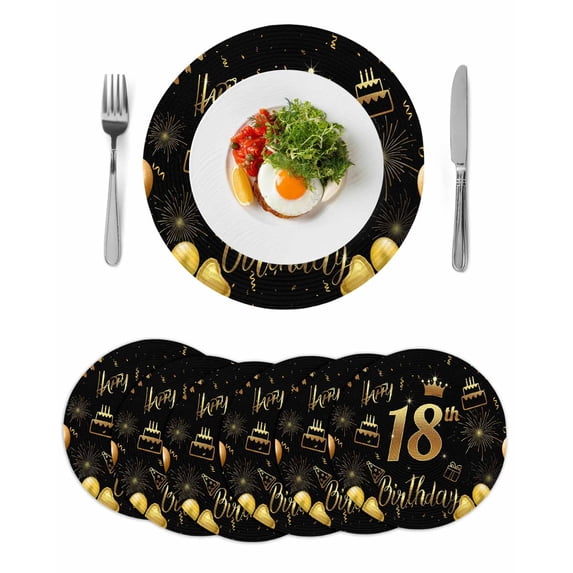 Round Placemats Happy Birthday 15 inch Set of 6 Table Mats for Dining Table Cake Balloon Black Gold Heat Resistant Non-Slip Kitchen & Home Decorative Place Mat Set