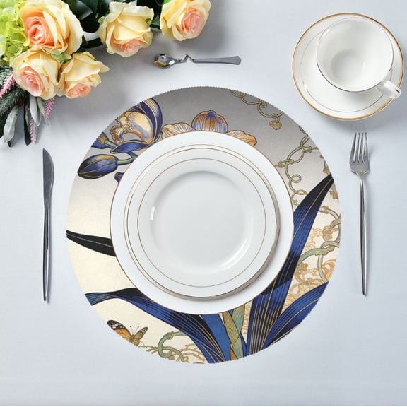 Round Placemats– High Heat Resistance- Blue Flowers Printed Design Table Placemats for Dining, (15.4inch) 1pick