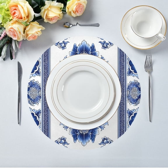Round Placemats– High Heat Resistance- Blue-and-white Porcelain Patterns Printed Design Table Placemats for Dining, (15.4inch) 1pick