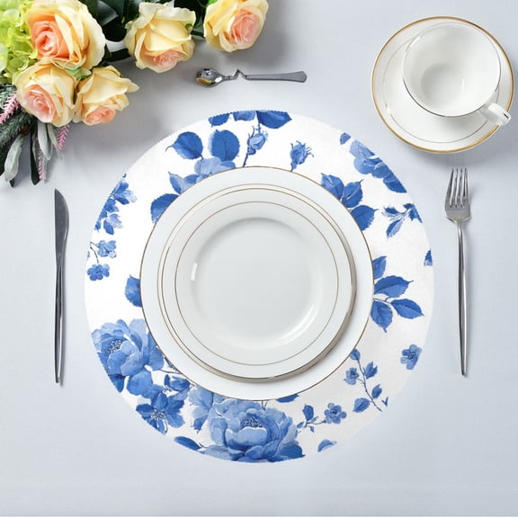 Round Placemats– High Heat Resistance- Rose Decoration Pattern Printed Design Table Placemats for Dining, (15.4inch) 1pick