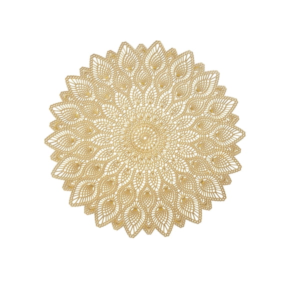 Round Placemats, Hollow Out Washable and Wipeable Place Mats, Pressed Vinyl Table Mat for Anniversary Dinner Kitchen Decorations (Gold)