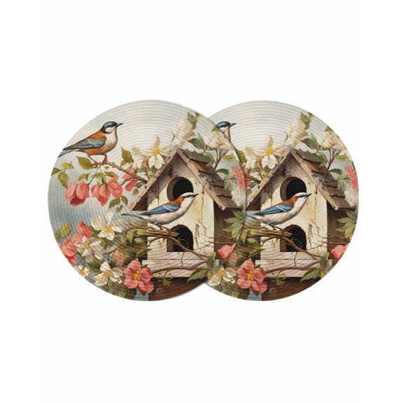 Round Placemats Hummingbird Magpie 15 inch Set of 2 Table Mats for Dining Table Wood Bird's Nest Spring Flower Heat Resistant Non-Slip Kitchen & Home Decorative Place Mat Set