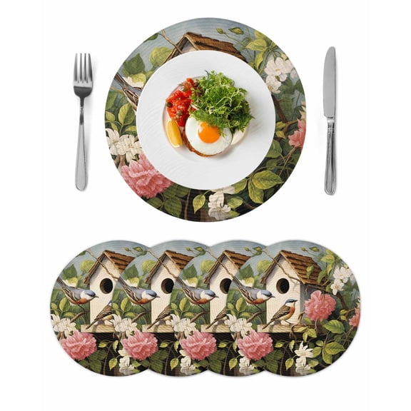 Round Placemats Hummingbird Magpie 15 inch Set of 4 Table Mats for Dining Table Spring Begonia Flower Branch Bird Heat Resistant Non-Slip Kitchen & Home Decorative Place Mat Set