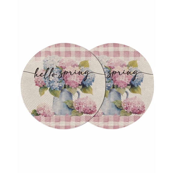 Round Placemats Hydrangea Spring Vase 15 inch Set of 2 Table Mats for Dining Table Hello Pink Buffalo Plaid Heat Resistant Non-Slip Kitchen & Home Decorative Place Mat Set