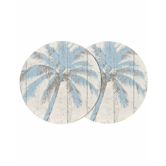Round Placemats Light Blue Palm Tree 15 inch Set of 2 Table Mats for Dining Table Wood Grain Heat Resistant Non-Slip Kitchen & Home Decorative Place Mat Set