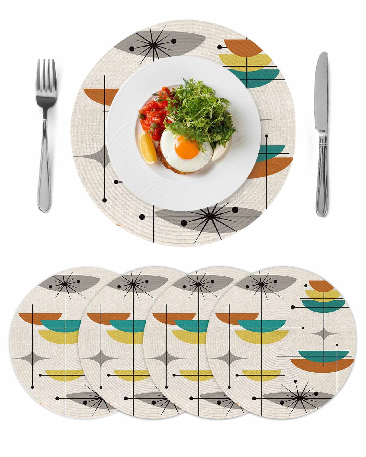 Round Placemats Mid Century Modern 15 inch Set of 4 Table Mats for Dining Table Abstract Geometric Lines Yellow Teal Heat Resistant Non-Slip Kitchen & Home Decorative Place Mat Set