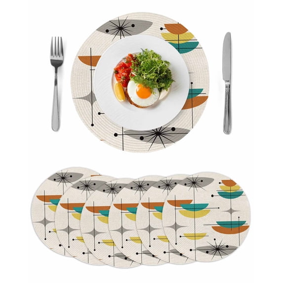Round Placemats Mid Century Modern 15 inch Set of 6 Table Mats for Dining Table Abstract Geometric Lines Yellow Teal Heat Resistant Non-Slip Kitchen & Home Decorative Place Mat Set