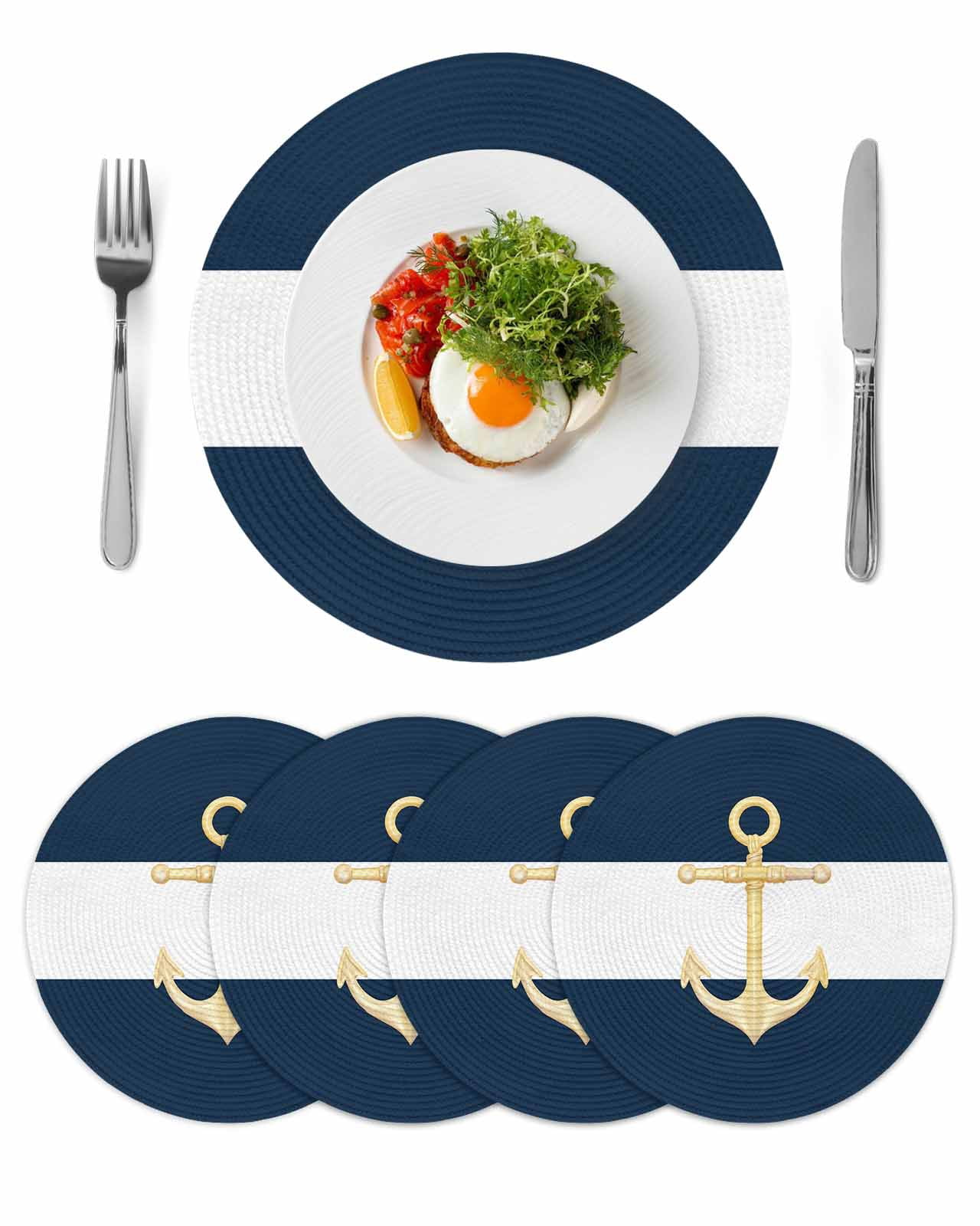 Round Placemats Nautical Anchor 15 inch Set of 4 Table Mats for Dining Table Dark Blue White Heat Resistant Non-Slip Kitchen & Home Decorative Place Mat Set