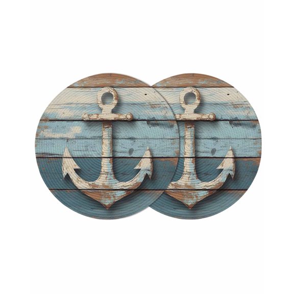 Round Placemats Nautical Blue White Anchor 15 inch Set of 2 Table Mats for Dining Table Vintage Wood Grain Heat Resistant Non-Slip Kitchen & Home Decorative Place Mat Set