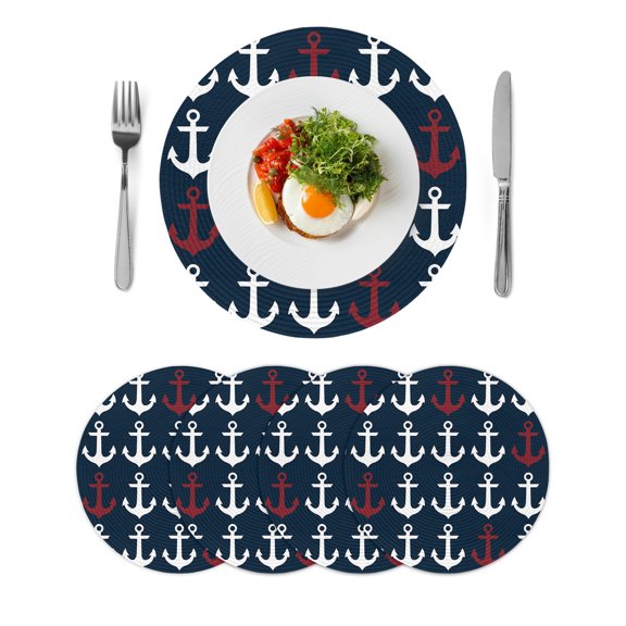 Round Placemats Nautical Theme Anchor 15 inch Set of 4 Table Mats for Dining Table Navy Red Heat Resistant Non-Slip Kitchen & Home Decorative Place Mat Set