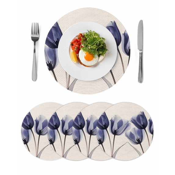 Round Placemats Navy Blue Tulip 15 inch Set of 4 Table Mats for Dining Table Retro Flower Floral Heat Resistant Non-Slip Kitchen & Home Decorative Place Mat Set