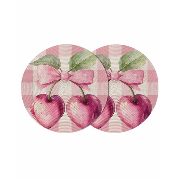Round Placemats Pink Bow Cherry 15 inch Set of 2 Table Mats for Dining Table Pink Check Heat Resistant Non-Slip Kitchen & Home Decorative Place Mat Set