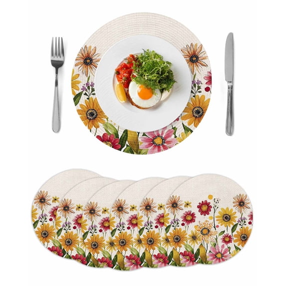 Round Placemats Pink Purple Floral 15 inch Set of 6 Table Mats for Dining Table Red Yellow Flowers Heat Resistant Non-Slip Kitchen & Home Decorative Place Mat Set