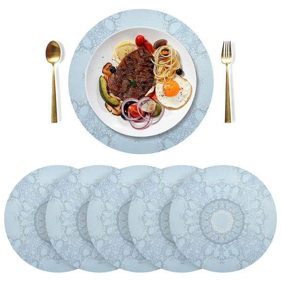 Round Placemats Plate Mats 15 Inch Non-Slip Heat Resistant Washable PVC Set Table Decoration for Kitchen Dining A Light Blue Pattern