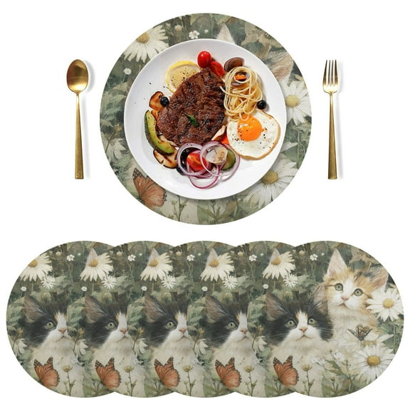 Round Placemats Plate Mats 15 Inch Non-Slip Heat Resistant Washable PVC Set Table Decoration for Kitchen Dining Adorable Cats and Daisies