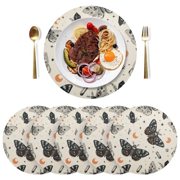Round Placemats Plate Mats 15 Inch Non-Slip Heat Resistant Washable PVC Set Table Decoration for Kitchen Dining Black and White Moths
