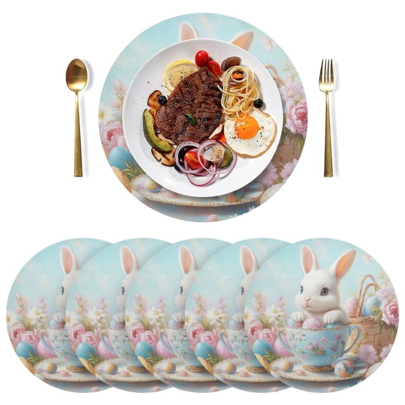 Round Placemats Plate Mats 15 Inch Non-Slip Heat Resistant Washable PVC Set Table Decoration for Kitchen Dining Bunny and Easter Teacup