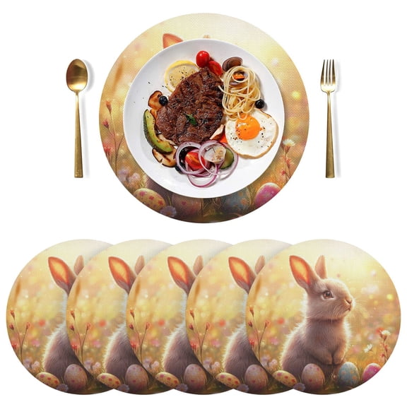 Round Placemats Plate Mats 15 Inch Non-Slip Heat Resistant Washable PVC Set Table Decoration for Kitchen Dining Bunny with Easter Eggs