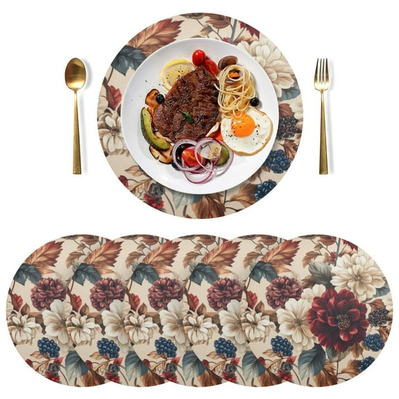 Round Placemats Plate Mats 15 Inch Non-Slip Heat Resistant Washable PVC Set Table Decoration for Kitchen Dining Burgundy Hydrangeas