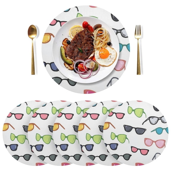 Round Placemats Plate Mats 15 Inch Non-Slip Heat Resistant Washable PVC Set Table Decoration for Kitchen Dining Cartoon Sunglasses Pattern