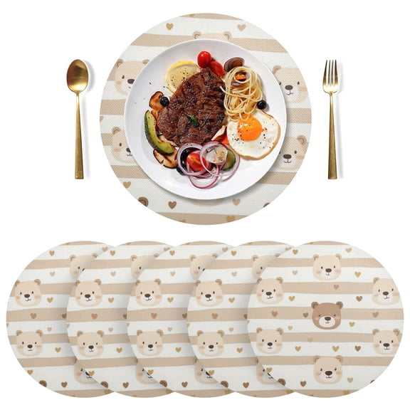 Round Placemats Plate Mats 15 Inch Non-Slip Heat Resistant Washable PVC Set Table Decoration for Kitchen Dining Cute Bear Face Pattern