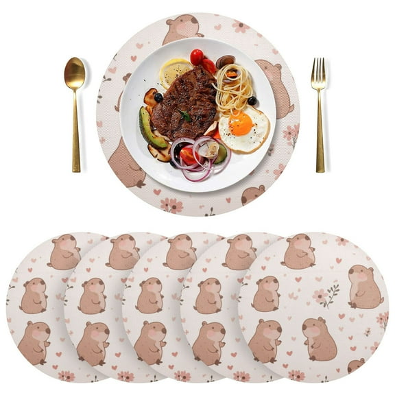 Round Placemats Plate Mats 15 Inch Non-Slip Heat Resistant Washable PVC Set Table Decoration for Kitchen Dining Cute Capybaras