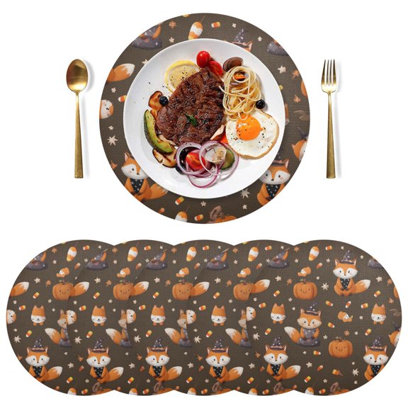 Round Placemats Plate Mats 15 Inch Non-Slip Heat Resistant Washable PVC Set Table Decoration for Kitchen Dining Cute Foxes in Cute Costumes