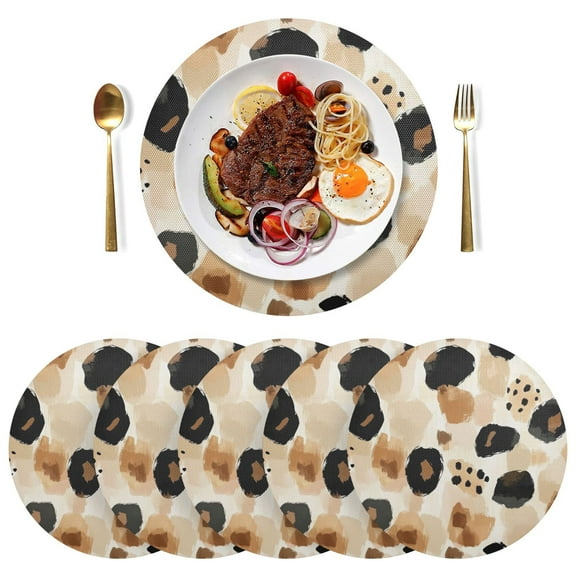 Round Placemats Plate Mats 15 Inch Non-Slip Heat Resistant Washable PVC Set Table Decoration for Kitchen Dining Cute Leopard Print Pattern