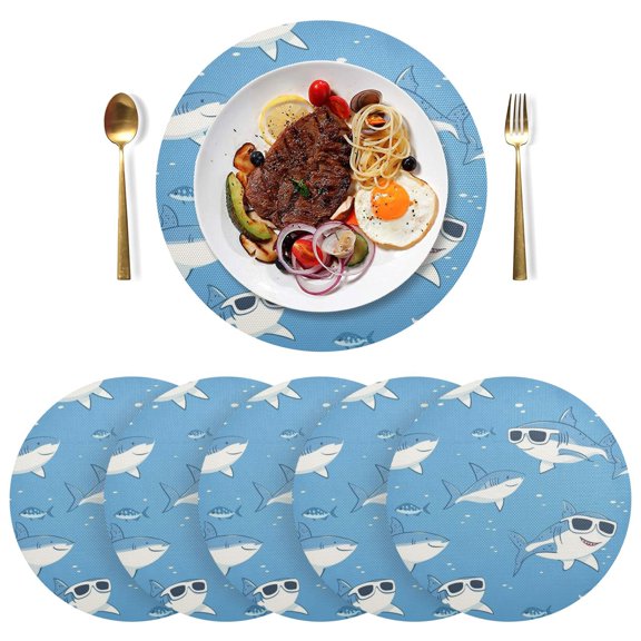 Round Placemats Plate Mats 15 Inch Non-Slip Heat Resistant Washable PVC Set Table Decoration for Kitchen Dining Cute Sharks Wearing Sunglasses