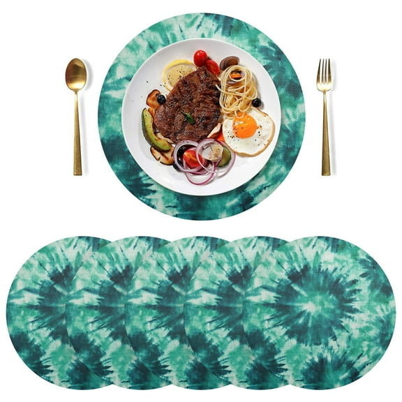 Round Placemats Plate Mats 15 Inch Non-Slip Heat Resistant Washable PVC Set Table Decoration for Kitchen Dining Dark Teal Tie-dye Pattern