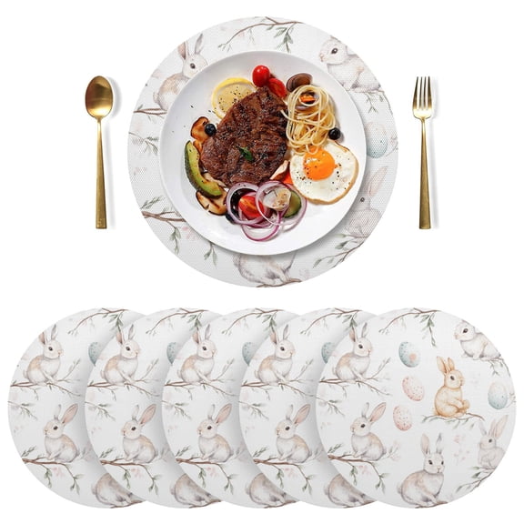Round Placemats Plate Mats 15 Inch Non-Slip Heat Resistant Washable PVC Set Table Decoration for Kitchen Dining Easter Bunnies and Willow Branches