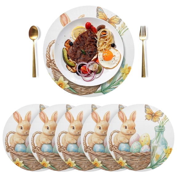 Round Placemats Plate Mats 15 Inch Non-Slip Heat Resistant Washable PVC Set Table Decoration for Kitchen Dining Easter Bunny and Glass Bottle