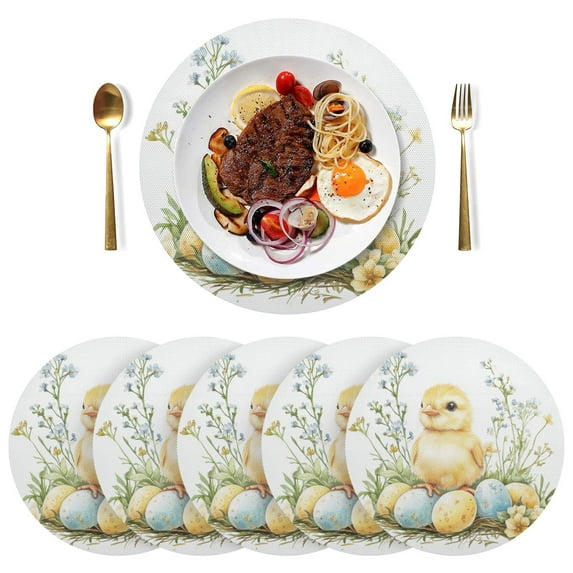 Round Placemats Plate Mats 15 Inch Non-Slip Heat Resistant Washable PVC Set Table Decoration for Kitchen Dining Easter Chick with Eggs
