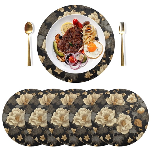 Round Placemats Plate Mats 15 Inch Non-Slip Heat Resistant Washable PVC Set Table Decoration for Kitchen Dining Elegant Beige Floral