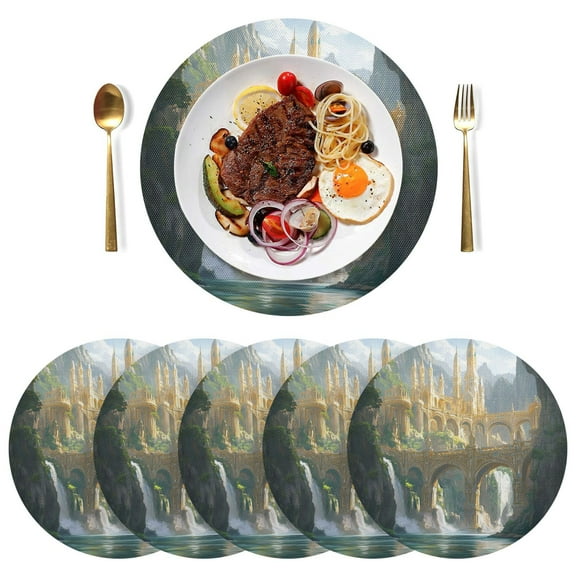 Round Placemats Plate Mats 15 Inch Non-Slip Heat Resistant Washable PVC Set Table Decoration for Kitchen Dining Fantasy City Bridge