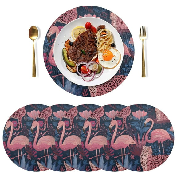 Round Placemats Plate Mats 15 Inch Non-Slip Heat Resistant Washable PVC Set Table Decoration for Kitchen Dining Flamingos and Leopard Print