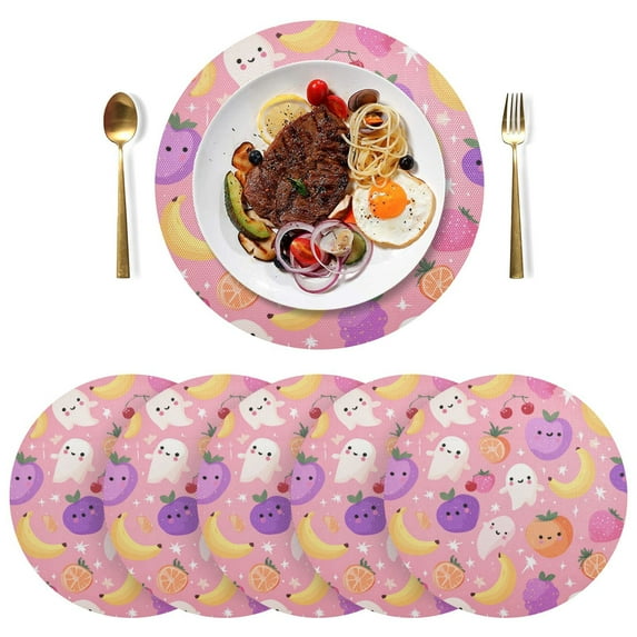 Round Placemats Plate Mats 15 Inch Non-Slip Heat Resistant Washable PVC Set Table Decoration for Kitchen Dining Fruit and Little Ghosts