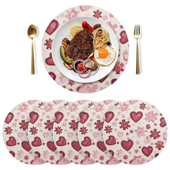 Round Placemats Plate Mats 15 Inch Non-Slip Heat Resistant Washable PVC Set Table Decoration for Kitchen Dining Gear-shaped Hearts Pattern