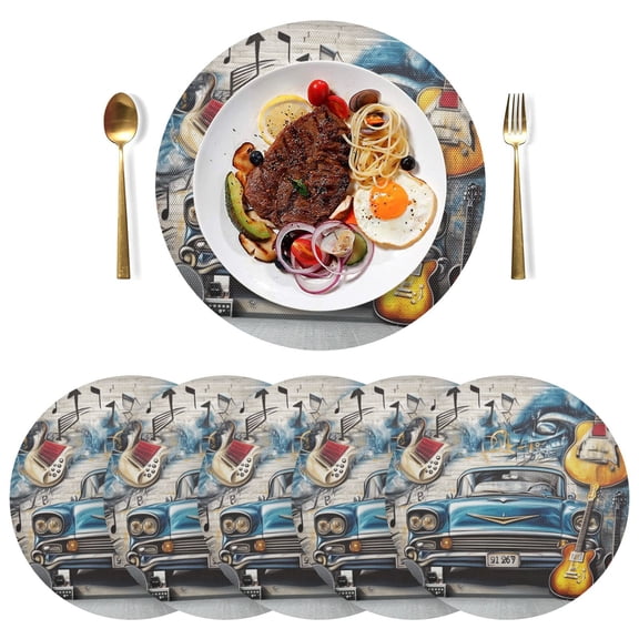 Round Placemats Plate Mats 15 Inch Non-Slip Heat Resistant Washable PVC Set Table Decoration for Kitchen Dining Guitar and A Classic Car
