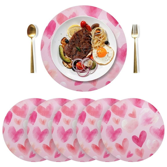 Round Placemats Plate Mats 15 Inch Non-Slip Heat Resistant Washable PVC Set Table Decoration for Kitchen Dining Hand-drawn Hearts