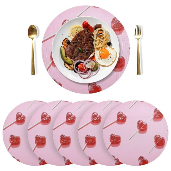 Round Placemats Plate Mats 15 Inch Non-Slip Heat Resistant Washable PVC Set Table Decoration for Kitchen Dining Heart-shaped Lollipop