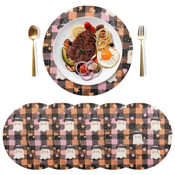 Round Placemats Plate Mats 15 Inch Non-Slip Heat Resistant Washable PVC Set Table Decoration for Kitchen Dining Hearts Stars and Ghost Pattern