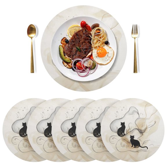 Round Placemats Plate Mats 15 Inch Non-Slip Heat Resistant Washable PVC Set Table Decoration for Kitchen Dining Ink Painting Style Cat