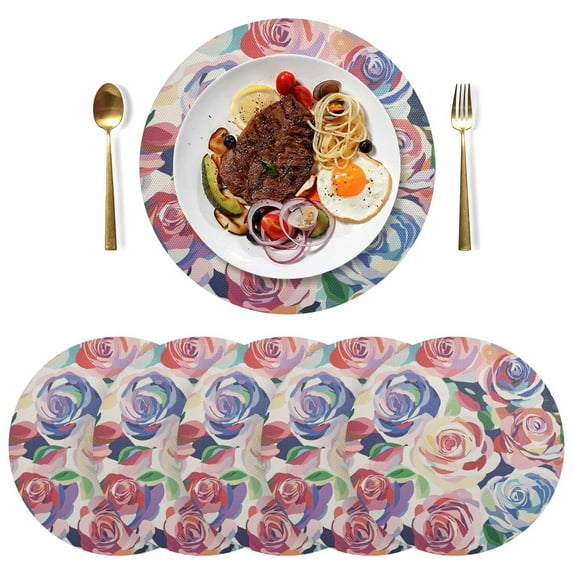 Round Placemats Plate Mats 15 Inch Non-Slip Heat Resistant Washable PVC Set Table Decoration for Kitchen Dining Modern Art Roses