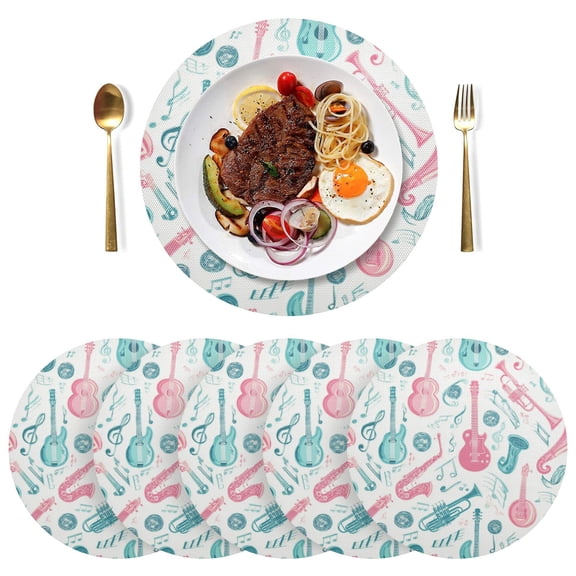 Round Placemats Plate Mats 15 Inch Non-Slip Heat Resistant Washable PVC Set Table Decoration for Kitchen Dining Musical Notes and Instruments