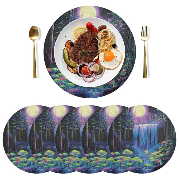 Round Placemats Plate Mats 15 Inch Non-Slip Heat Resistant Washable PVC Set Table Decoration for Kitchen Dining Neon Oversized Waterfall