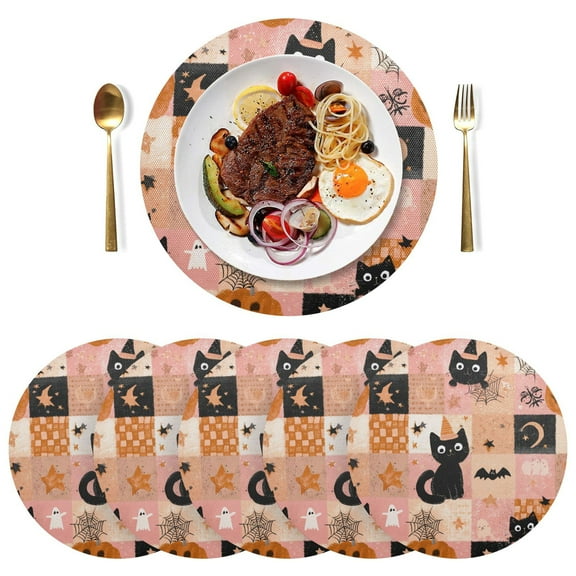 Round Placemats Plate Mats 15 Inch Non-Slip Heat Resistant Washable PVC Set Table Decoration for Kitchen Dining Orange Halloween Motif